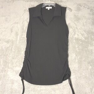 Stem & Vine Tunic Top Womens 1X Black Ribbed Knit Collared Sleeveless Ruched